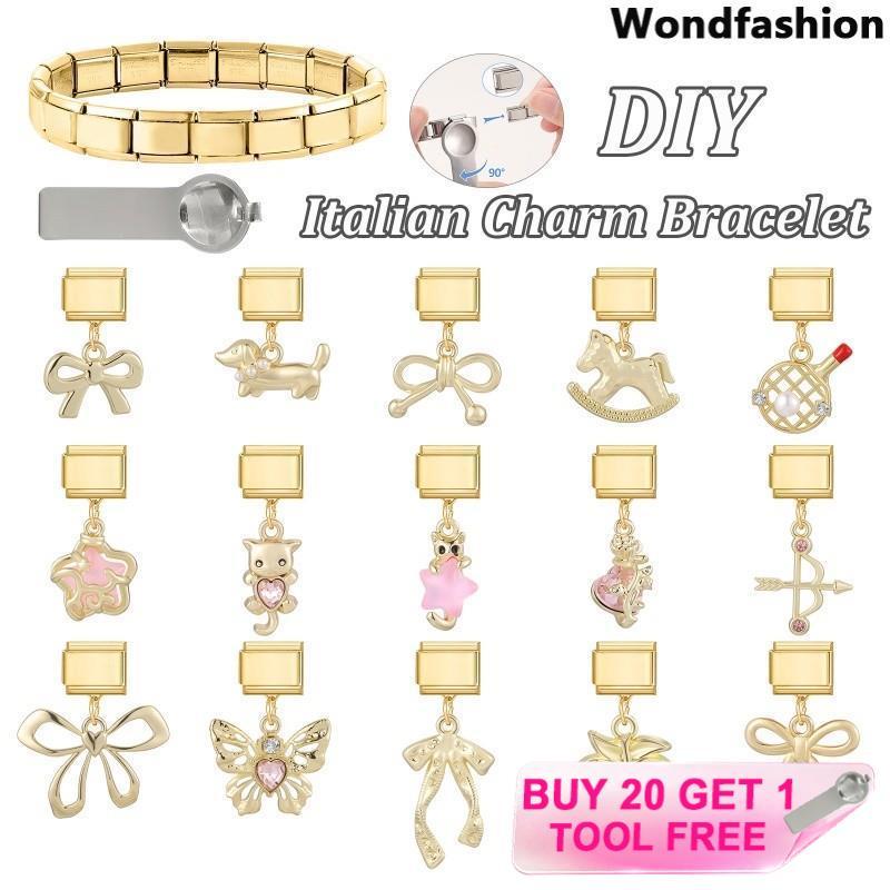 จี้อิตาเลี่ยน Charm พิงพองพาเดลโพนี สร้อยข้อมือสแตนเลส DIY สไตล์เรโทร