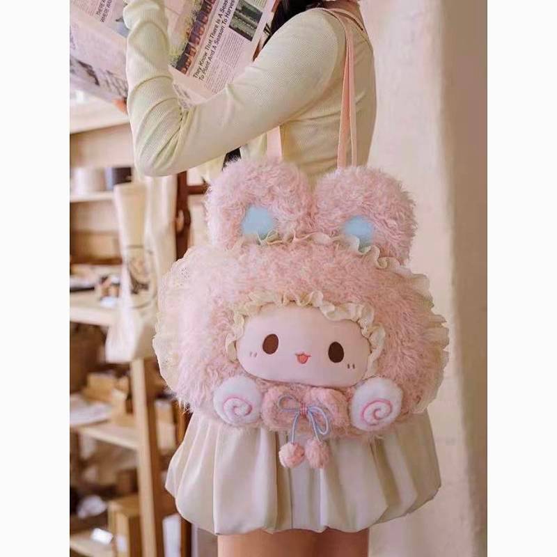 Cartoon Plush Pink Rabbit Big Face Backpack Cute Lace Girl Heart JK Lolita Big Head Sweet Girl Backp