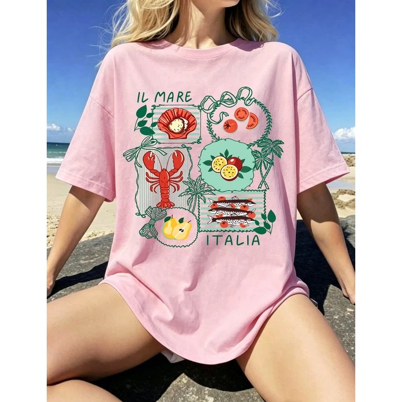 The Coastal Charm Of Italy พิมพ์เสื้อยืดผู้หญิงผ้าฝ้ายฤดูร้อนแขนสั้นเสื้อยืด O-คอขนาดใหญ่ Tops Stree