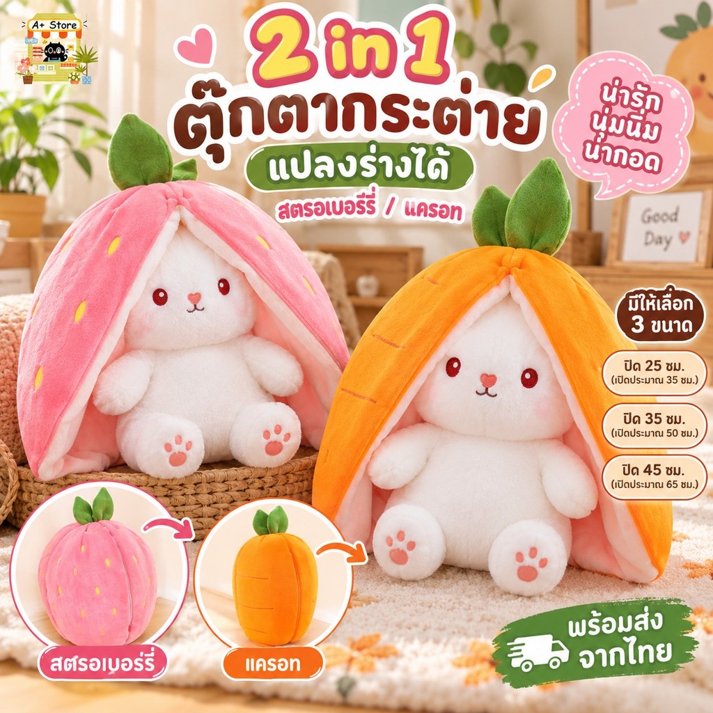2 in1ตุ๊กตากระต่าย แปลงร่างได้ สตรอเบอร์รี่ แครอท กระต่าย ตุ๊กตากระต่ายหูยาว คุณภาพสูง ตุ๊กตา