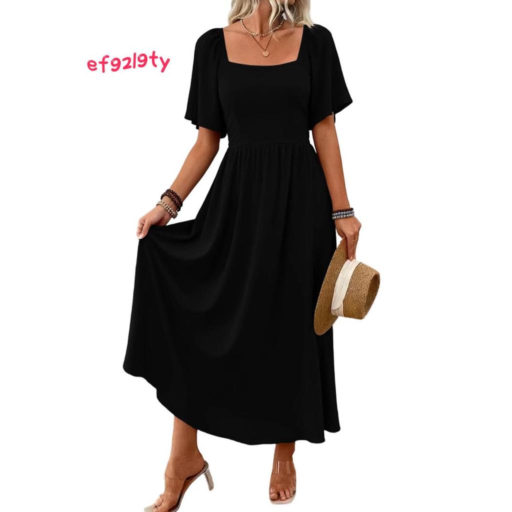 Womens Bohemian Square Neck Elegant Flared Ruffle Sleeve Maxi Dress Concert Beach Vacation Gown Blac