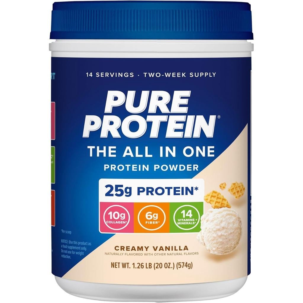 Pure Protein All-In-One Powder, anilla - คอลลาเจนเวย์, ไฟเบอร์สูง, อิตามิน, ไม่เติมน้ําตาล, ไม่ใช่จี