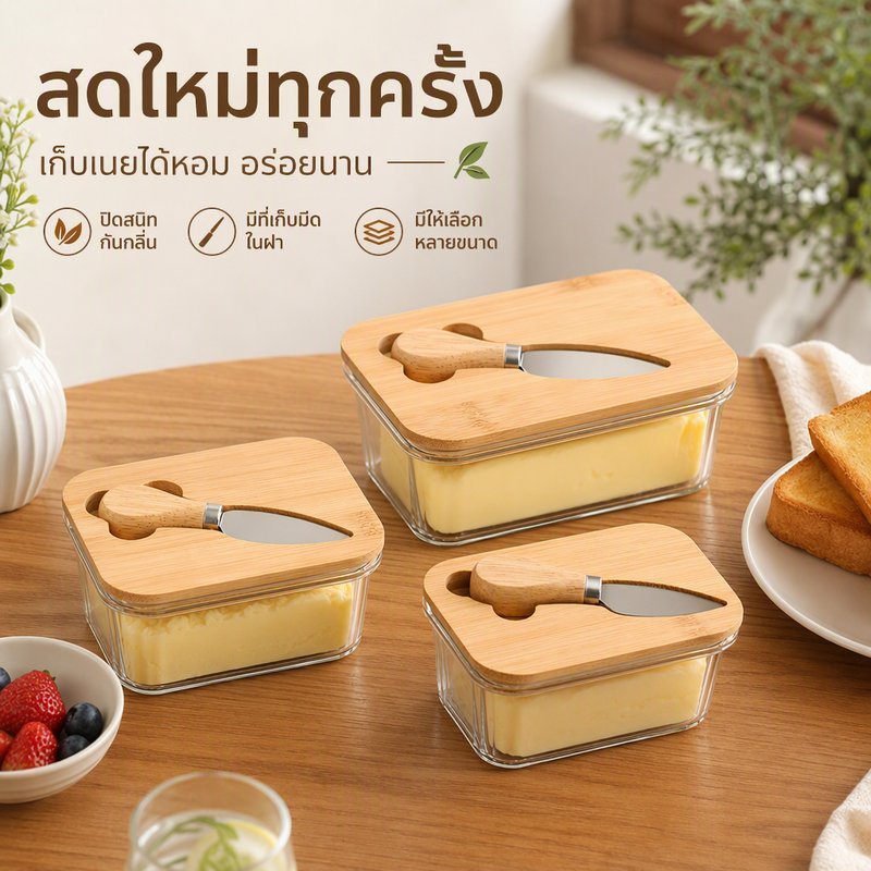 กล่องใส่เนย PET ฝาไม้ไผ่ มีดทาเนยสแตนเลส ปิดแน่นกันกลิ่น กล่องถนอมเนย หลายขนาด