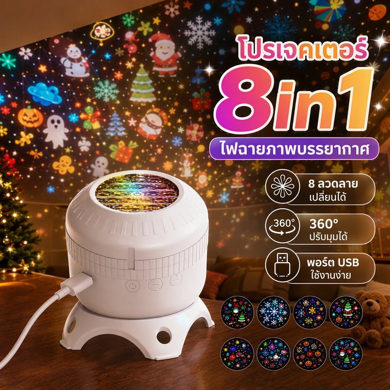 COD โคมไฟโปรเจคเตอร์ดาว 8in1 เปลี่ยนฟิล์มลายได้ ไฟกลางคืน USB 360° สำหรับห้องนอน ปาร์ตี้ เทศกาล