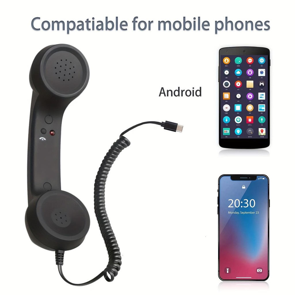 Plug & Play TYPE-C Phone Handset - ตัวรับสัญญาณโทรภายนอกย้อนยุคพร้อมปุ่มปิดเสียงและด้ามจับตามหลักสรีรศาสตร์, เชื่อมต่อโดยตรงสําหรับสมาร์ทโฟน, ไม่มีอะแดปเตอร์ต้องการการออกแบบที่ทนทาน