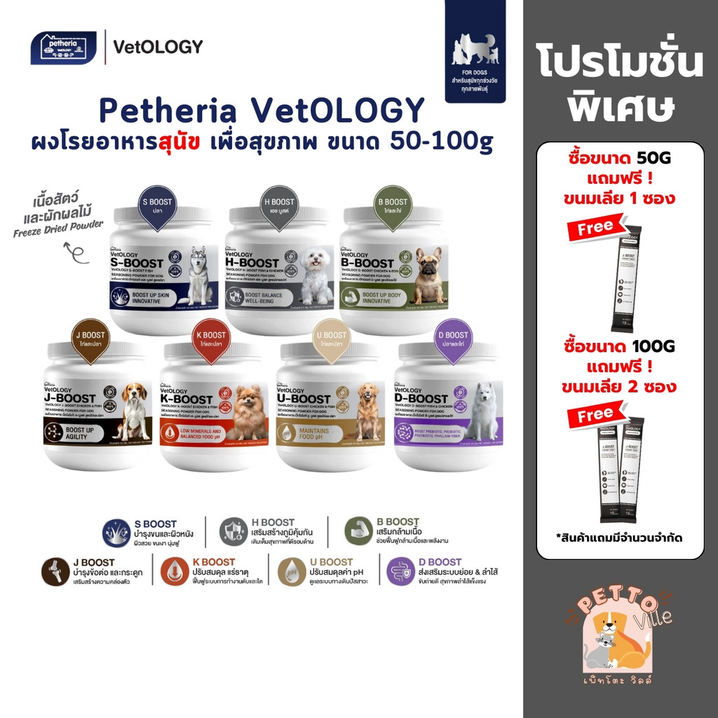 Petheria Vetology ผงโรยอาหารสุนัข เพื่อสุขภาพ ขนาด 50-100 กรัม