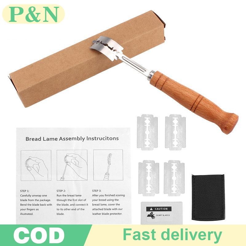 [P&N] เครื่องตัดขนมขนมปังแป้งพร้อม 5 ใบมีดขนมปังปิ้งมีดขนมปังโค้งด้ามไม้ Bakers อุปกรณ์อบขนมไม้พายขนม [cod]