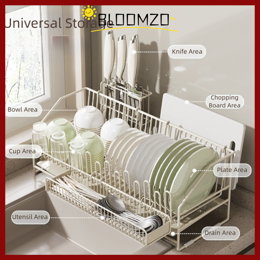 BLOOMZO ตะกร้าเก็บช้อนส้อม, ชั้นเก็บของแบบพกพาสะดวก, ที่วางชั้นวางจานท่อระบายน้ํามัลติฟังก์ชั่นที่ทนทานในครัวเรือน