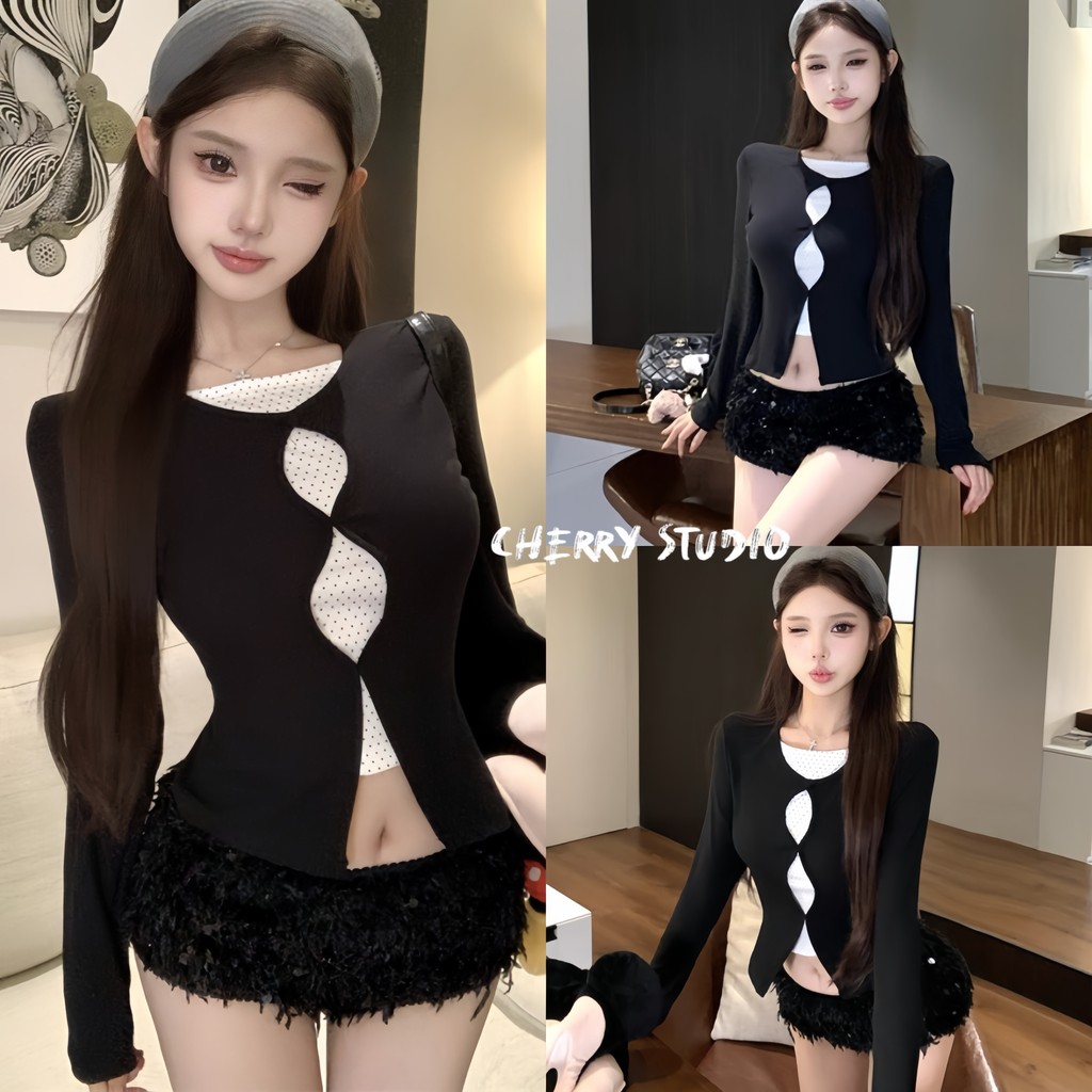 Cherry พร้อมส่ง🍒 เสื้อเชิ้ตรัดรูปสองชิ้นติดกันเสื้อยืดแขนยาวทรงครอป ดีไซน์เก๋เก๋ สายโพกาดอท สไตล์เกาหลีแฟชั่นผู้หญิงY2K