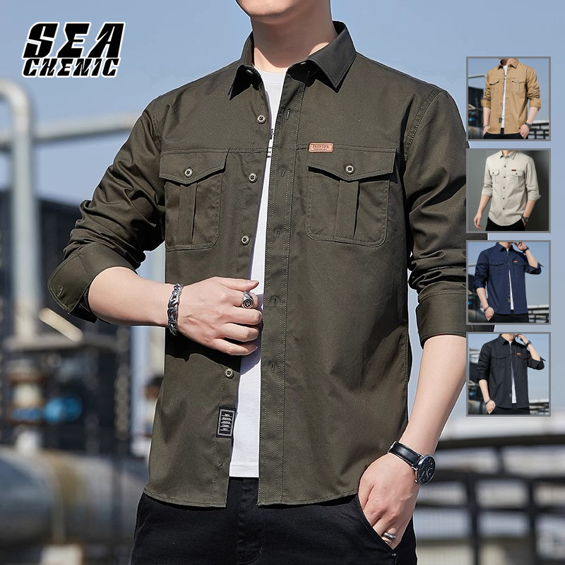 SEACHENIC เสื้อเชิ้ตลำลองแขนยาวผู้ชาย ดีไซน์เปิดด้านหน้า ใส่ง่าย