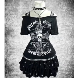 American Womens Letter พิมพ์เอว Cinched เสื้อยืดแขนสั้นฤดูใบไม้ผลิและฤดูร้อน Y2k หนึ่งไหล่ด้านบน