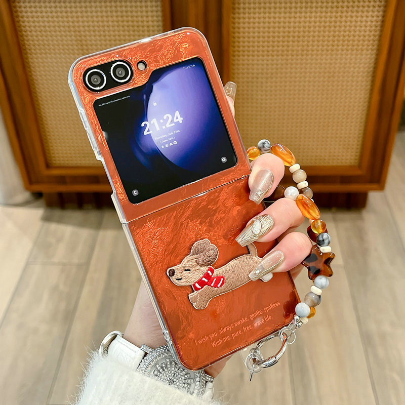 Fold Case สําหรับ SAMSUNG Z Flip3 Flip4 Flip5 Flip6 Caramel สองด้าน IMD ไส้กรอกสุนัขสร้อยข้อมือกันกร
