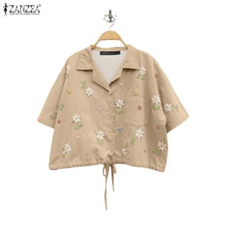 ZANZEA เสื้อเชิ๊ตผู้หญิงสไตล์เกาหลี พิมพ์ลายดอกไม้และลูกไม้