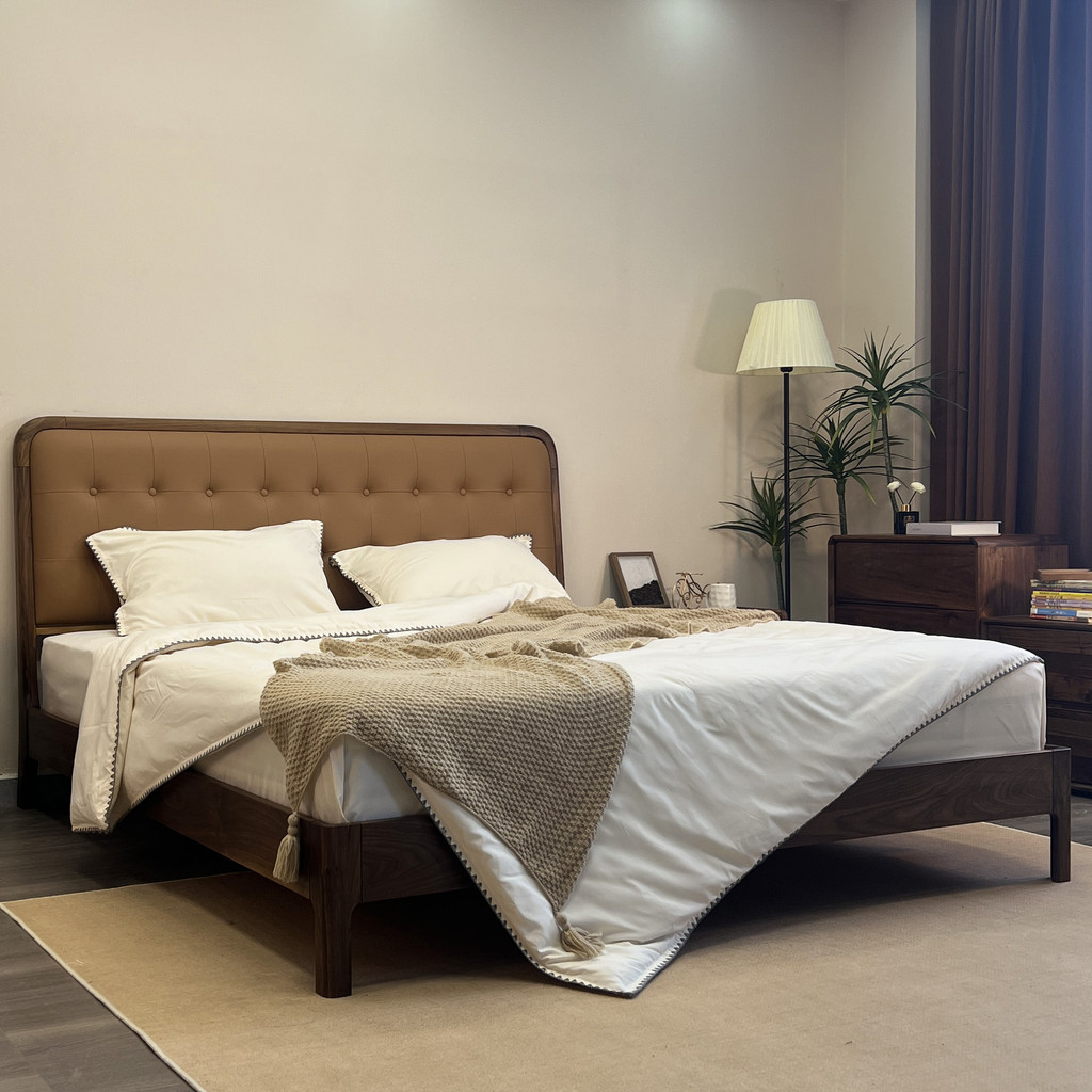 Luban Yimu North American วอลนัทสีดําเตียงไม้เนื้อแข็งโมเดิร์น 1.5m 1.8m ของแท้หนังปกอ่อน Master แนว