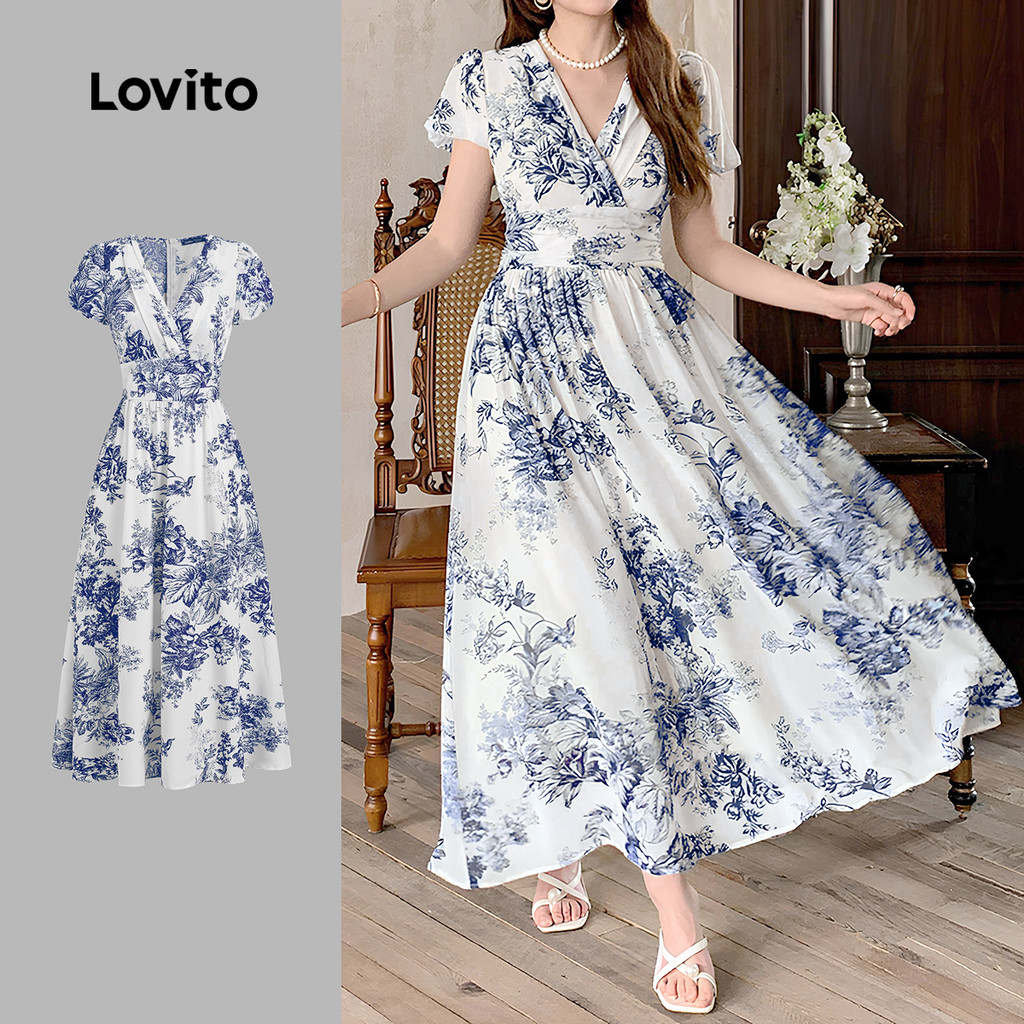 Lovito ชุดเดรสสายเดิ้ลสไตล์ลำลองสำหรับผู้หญิง สีฟ้า ฤดูใบไม้ผลิ/ฤดูร้อน L142LD155