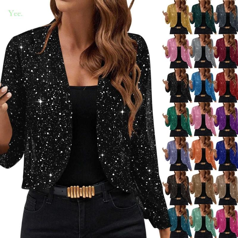 Yee เสื้อ Bolero แขน 3/4 เปิดด้านหน้า เสริมเลื่อมระยิบระยับ สำหรับงานปาร์ตี้ค็อกเทล