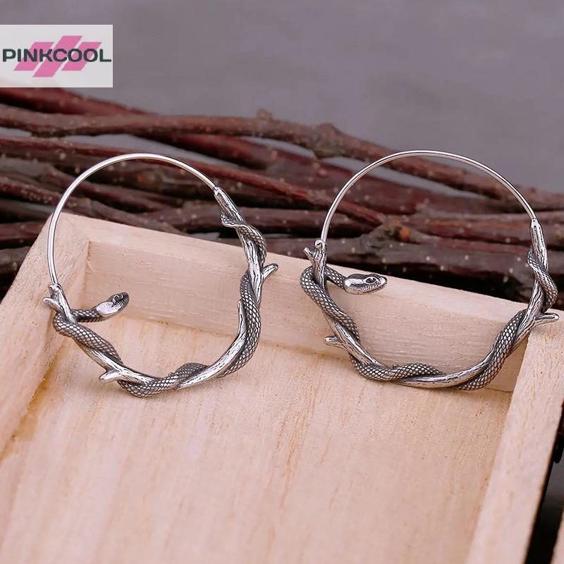 ต่างหูพังก์วินเทจบุคคลงูพัน สไตล์สร้อยคอวงฮูลoop สีชมพู COOL