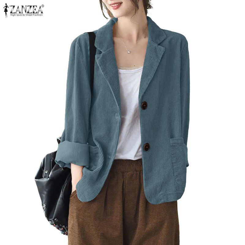 ZANZEA ซานเซีย สูทสำหรับผู้หญิง ดีไซน์เกาหลี ทำจากผ้าลูกฟูกแขนยาว มีกระเป๋าและซี่โครง เหมาะสำหรับวันทำงานหรือโอกาสพิเศษ