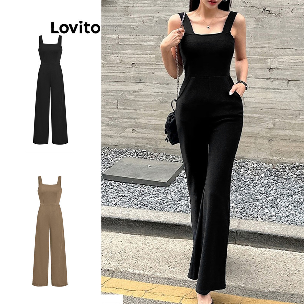 Lovito จั๊มสูทหรูหรา จั๊มสูทจีบกระเป๋าธรรมดาสําหรับผู้หญิง L77ED326 (หลากสี)