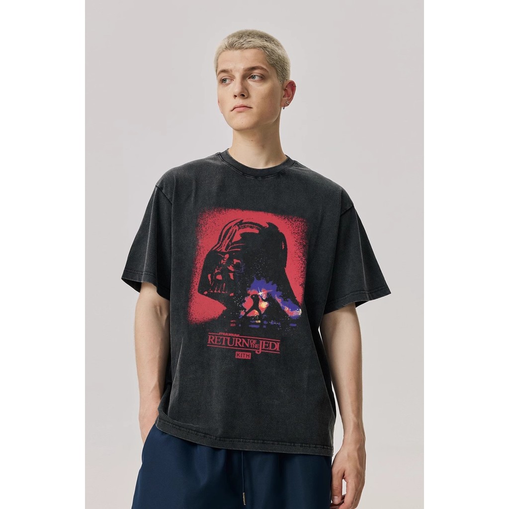 KITH x STAR WARS T-Shirt แขนสั้นผ้าฝ้ายแท้สีดำ สไตล์ซามูไรและทันสมัยสำหรับผู้ชายและผู้หญิง