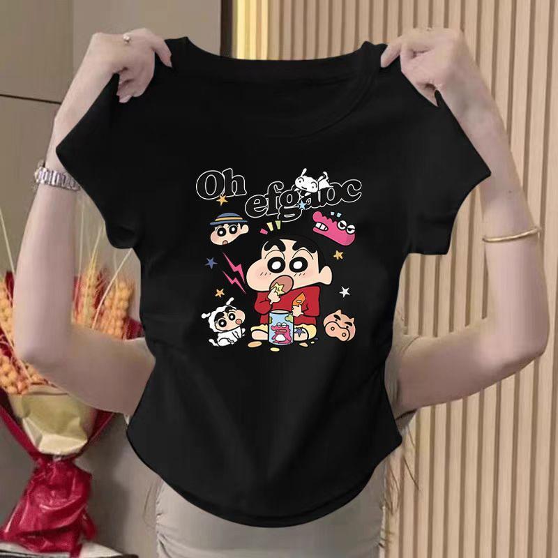 【กรุงเทพจัดส่งสินค้า】เสื้อยืดครอปผู้หญิง ลายการ์ตูน แขนสั้น ทรงสลิมฟิต สำหรับสาวอ้วน ไซส์ S-XL มีหลายไซส์ให้เลือก คอกลม