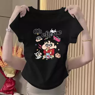【กรุงเทพจัดส่งสินค้า】เสื้อยืดครอปผู้หญิง ลายการ์ตูน แขนสั้น ทรงสลิมฟิต สำหรับสาวอ้วน ไซส์ S-XL มีหลายไซส์ให้เลือก คอกลม