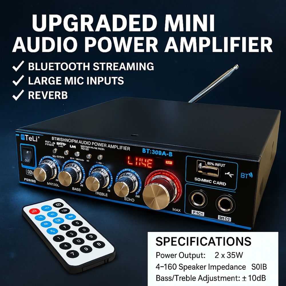 BT-309A-B เครื่องขยายเสียงขนาดเล็ก 35Wx2/บลูทูธ USB SD FM AUX อินพุตไมโครโฟนพร้อม Echo/DC12V/AC220V 