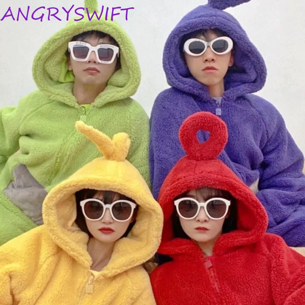 ANGRYSWIFT ชุดนอนคอสเพลย์ Teletubbies แบบขนแกะปะการัง ทั้ง Tinky Winky และ Laa-Laa สวยงามพร้อมฮูดี้