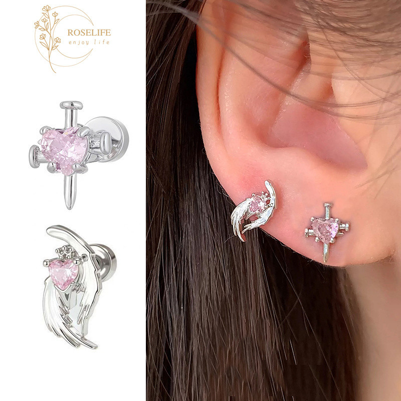 Roselife เกาหลีไม่สมมาตร 2 ชิ้น S925 เงินคริสตัลสีชมพู Heart Wings สกรูต่างหูสําหรับผู้หญิงหญิง Pierced หู Studs อุปกรณ์เครื่องประดับ