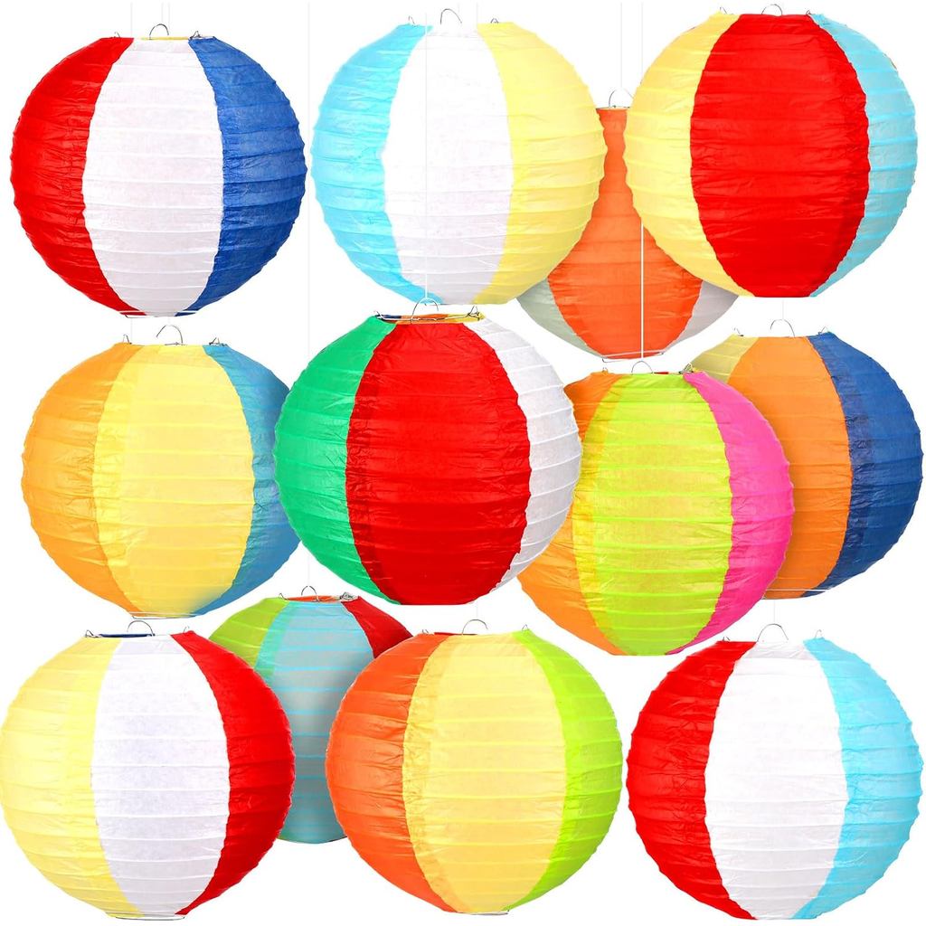 Panelee 12 ชิ้น 8 นิ้ว Beach Ball โคมไฟกระดาษ Pool Party ตกแต่งฤดูร้อน Luau Themed รอบแขวนตกแต่งสําห