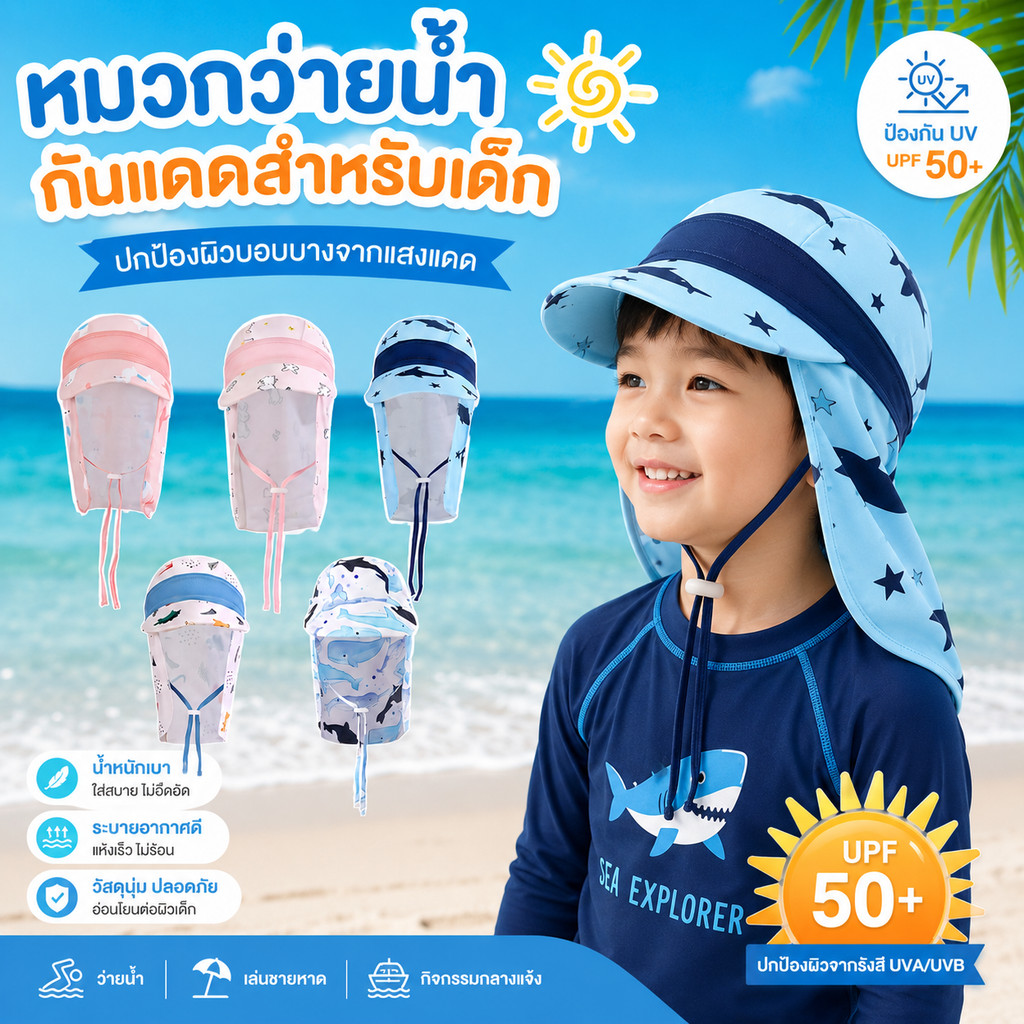 ZJ HOME หมวกว่ายน้ำเด็ก หมวกกันแดดว่ายน้ำ บังแดดด้านหน้าและต้นคอ มีสายรูดตรงคางปรับขนาดได้