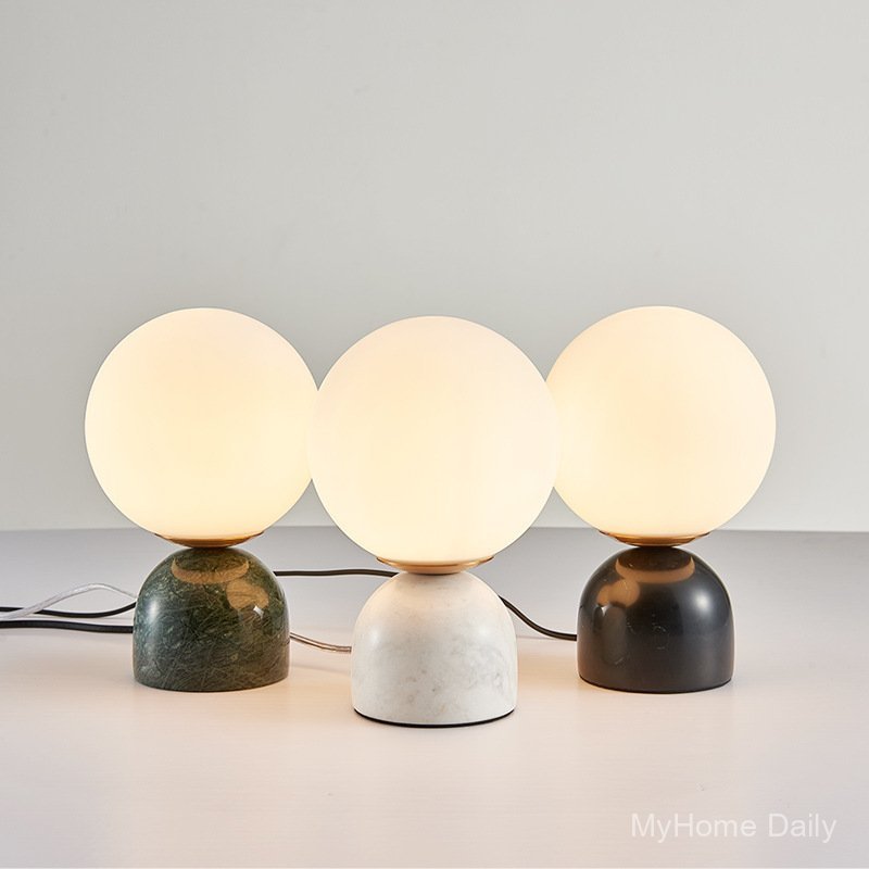 Modern minimalist marble table lamp with glass sphere decoration, bedroom desk reading lamp, model h