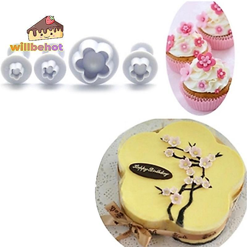 [Willbehot-t] 4 ชิ้นดอกไม้พลัม Fondant เครื่องตัดเค้ก Plunger คุกกี้แม่พิมพ์ตกแต่ง Candy Mould [ใหม่]