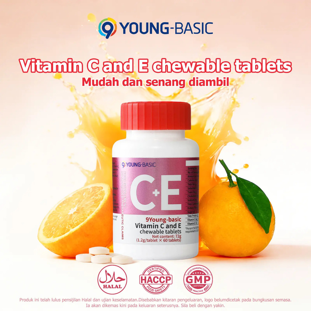 9YOUNG-BASIC Vitamin C และ E Chewable Tablets, VC + Natural Vitamin E |   วิตามินรวม |   รสส้ม |    