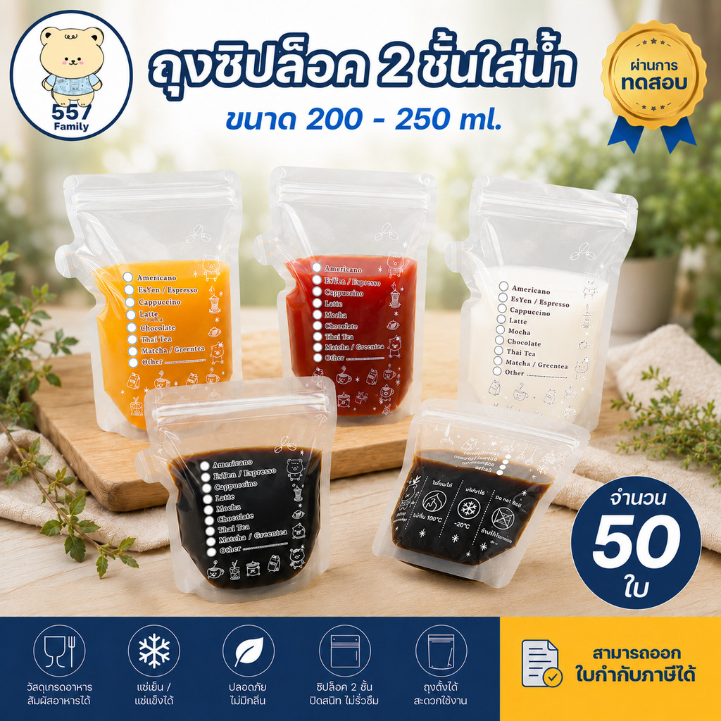 ถุงใส่น้ำ ถุงแยกน้ำ แบบซิปล็อค 200-250 ml. แพ็ก 50 ใบ ใส่กาแฟ
