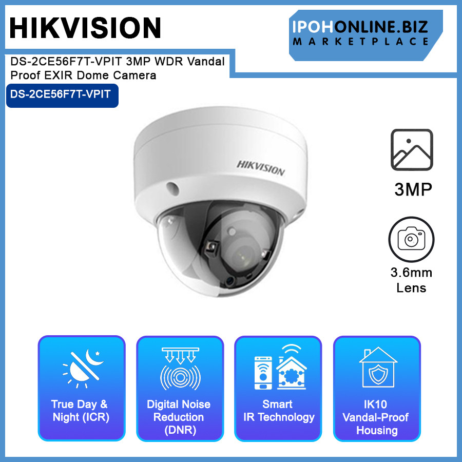 HIKVISION DS-2CE56F7T-VPIT 3MP WDR Vandal Proof EXIR Dome Camera - 3.6MM