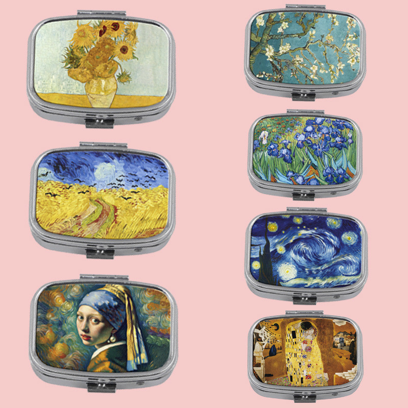 Van Gogh Star กล่องยาโลหะผสมแบบพกพากล่องเก็บสองช่องกระจกเครื่องสําอางพับ Light-Proof กล่องยาปิดผนึก