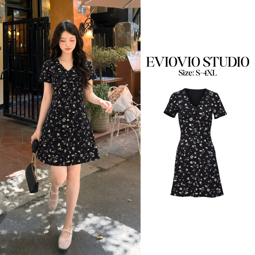 -4XL【EVIOVIO】🎨เดรสลายดอกสีดำ คอวี กระดุมหน้า ทรง A-Line ใส่ทำงาน คาเฟ่ เที่ยว สไตล์เกาหลี มินิมอล ชุดออกงาน พร้อมส่ง👑