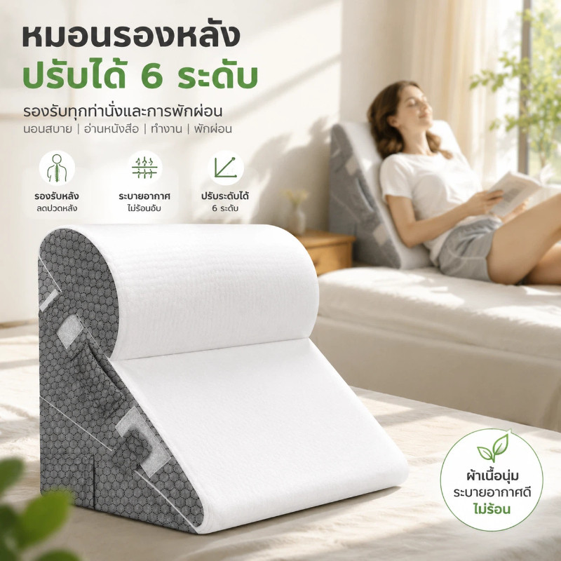 หมอนรองหลัง หมอนลาด หน่วยความจำ ปรับระดับได้ 6 ระดับ รองรับกรดไหลย้อน ยกขา ลดกรน ผ้าปกถอดซักได้ | Adjustable Bed Wedge Pillow Memory Foam
