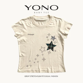 (พร้อมส่ง24ชม.) baby tee สีขาว ลายดาวผ้าตาราง ฟีล y2k มินิมอลหวานเท่ ทรงเข้ารูป ใส่ชิคทุกวัน