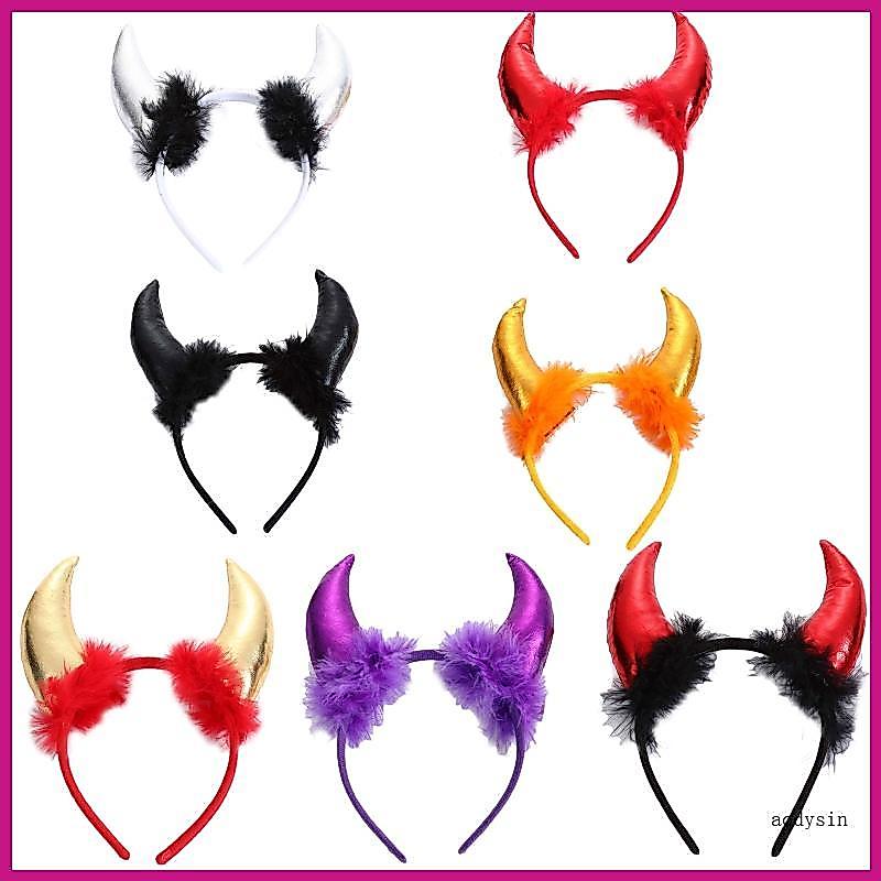 (ส่วนลดสูง)aodysin.th Halloween Feather Decor Ox Horn Shape Glitter Headband ภาพยนตร์ปีศาจ Evil Hair Hoop Gothic Cosp