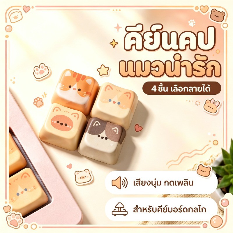 COD แป้นพิมพ์ แมวน่ารัก ชุด 4 ชิ้น วัสดุ PBT รองรับ MX สำหรับคีย์บอร์ดกลไก ตกแต่งโต๊ะทำงาน เสียงกด ASMR