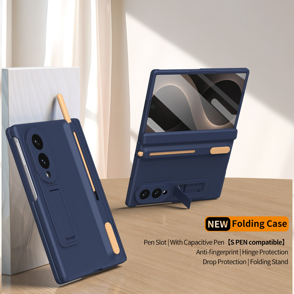 สําหรับ Samsung Galaxy Z พับ 8 กว้าง All in One เคสโทรศัพท์แบบพับได้ผู้ถือปากกาขาตั้งด้านหน้าฟิล์มแก้วบานพับฝาครอบป้องกัน Anti Drop Matte Shell