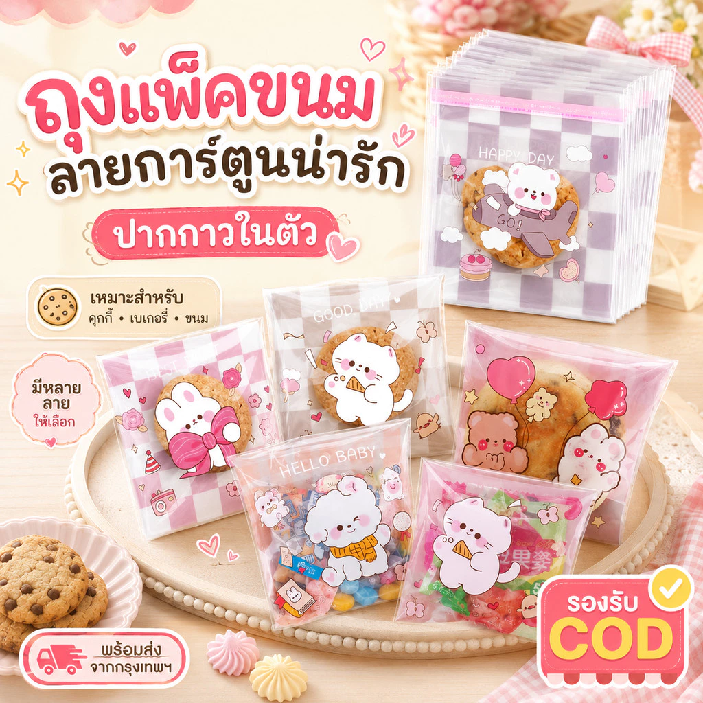 ถุงฝากาว 7×7+3 ซม. ถุงขนมลายน่ารัก 100 ใบ/แพ็ค ถุงคุกกี้ ถุงเบเกอรี่ ถุงใส่ขนม ลูกอม ของชำร่วย DIY COD