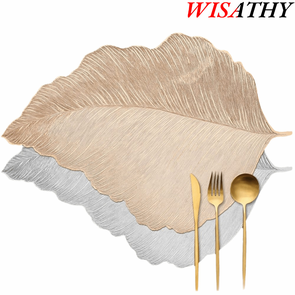 WISATHY  แผ่นรองจานใบ วิธี, เสื่อรับประทานอาหารรถไฟเหาะทนความร้อนสีทอง, คุณภาพสูงเช็ดได้ กันน้ําล้างทําความสะอาดได้รองชนะเลิศอันดับตารางตกแต่งโต๊ะอ