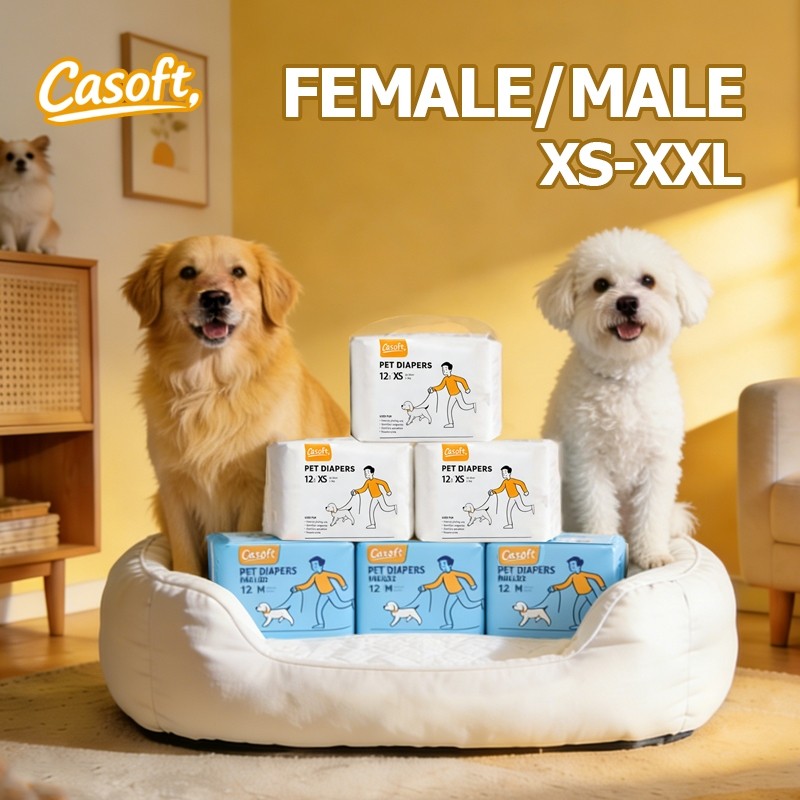 36 ชิ้น/3 แพ็ค CASOFT ผ้าอ้อมสุนัขสัตว์เลี้ยงแบบใช้แล้วทิ้ง 12 ชิ้นผ้าอ้อมหญิงและชาย XS-XXL ลูกสุนัขและลูกแมว