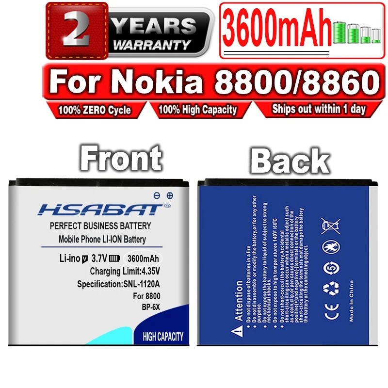 HSABAT BP-6X แบตเตอรี่ / BL-5X 3600mAh แบตเตอรี่สําหรับ Nokia 8800/8860/8800 Sirocco/N73i 8801 886 8