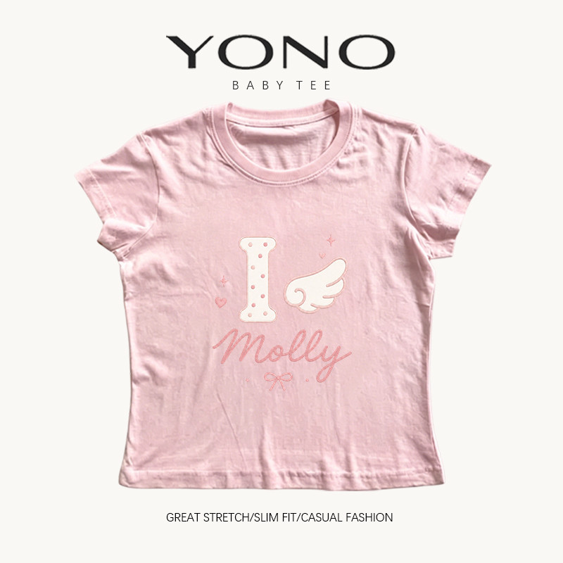 (พร้อมส่ง24ชม.) YONO baby tee สีชมพู ลายตัวอักษรกับปีกสีขาว ทรงเข้ารูป ลุคหวาน y2k