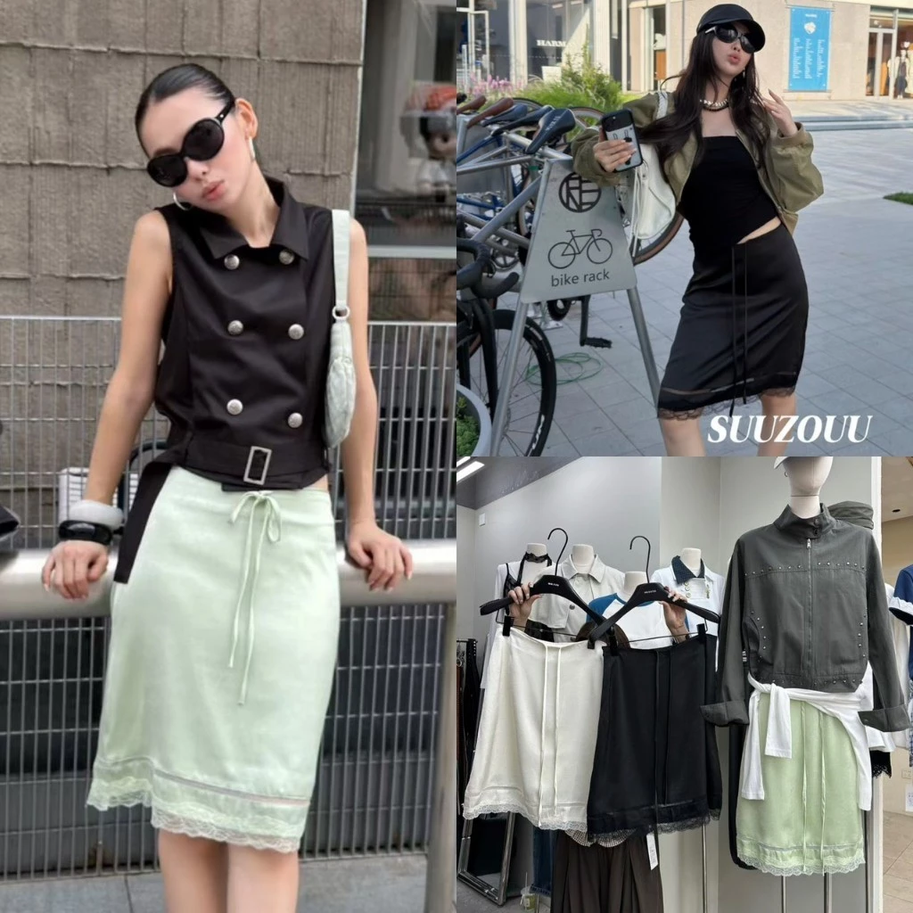 ❤ 🧵 🇰🇷 SU513 Lace-Trimmed Satin Midi Skirt กระโปรงผ้าซาตินเนื้อนุ่มละเอียด แฟชั่นเกาหลี TAG MM Fish 🧡