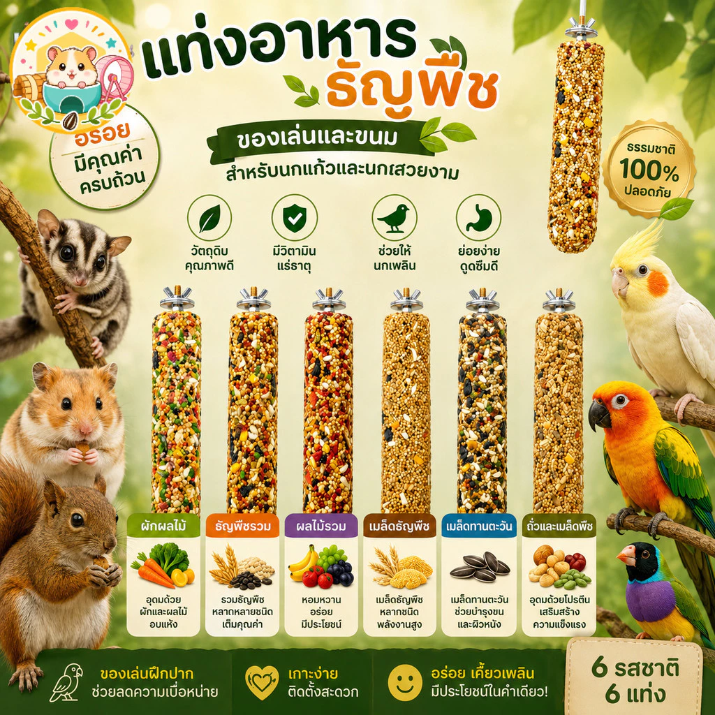 Hamster.lover ขนมแท่งติดกรง แท่งกัดกร่อนธัญพืช/ผักผลไม้รวม สำหรับนกแก้วและสัตว์ฟันแทะ
